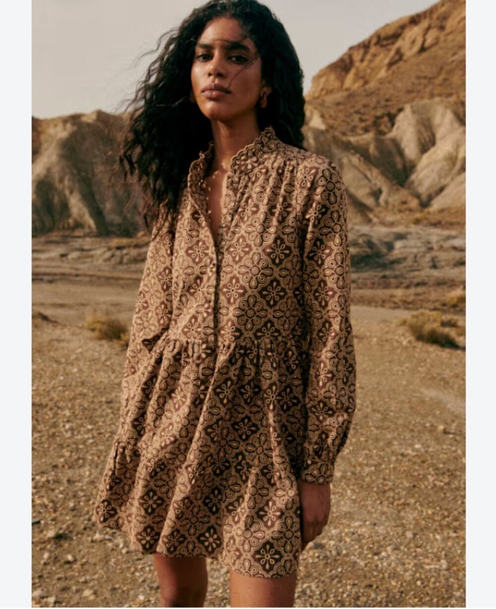 NWT Sezane Hidaya Dress Embroidered Cream and Chestnut FR36/US6